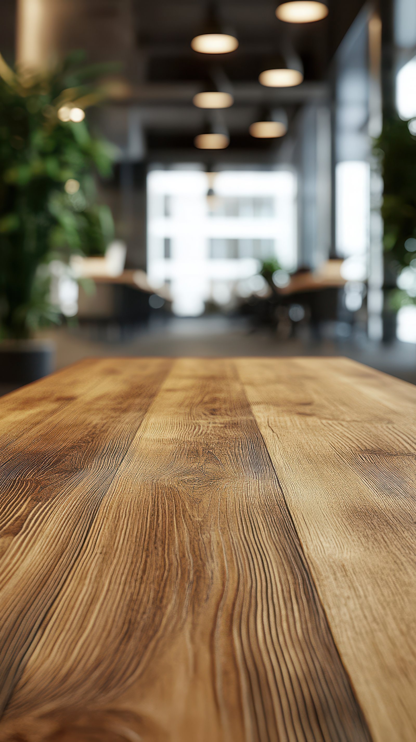 Wooden table in a modern office setting with greenery and natural light during daytime